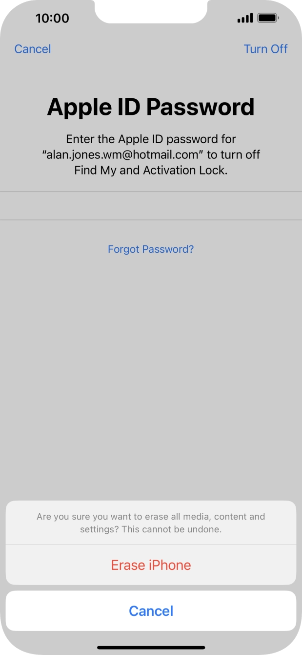 Key in the password for your Apple ID and press Erase iPhone. Wait a moment while the factory default settings are restored. Follow the instructions on the screen to set up your phone and prepare it for use. Key in the password for your Apple ID and press Erase iPhone. Wait a moment while the factory default settings are restored. Follow the instructions on the screen to set up your phone and prepare it for use.
