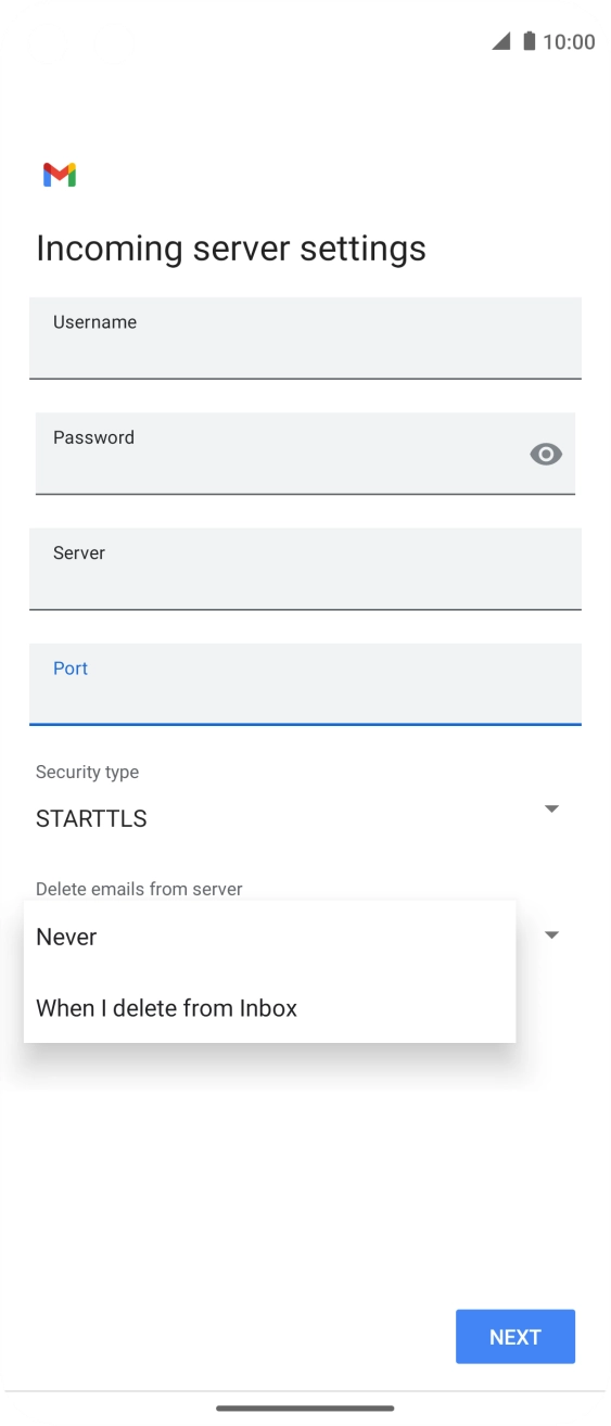 Press Never to keep email on the server when you delete them on your phone. Press Never to keep email on the server when you delete them on your phone.