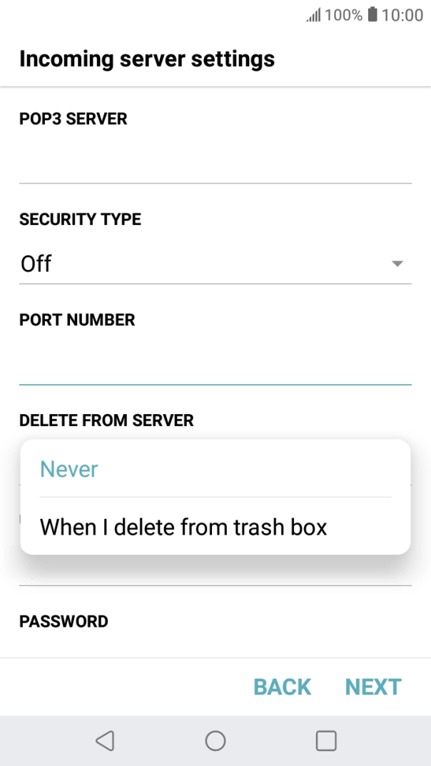 Press Never to keep email on the server when you delete them on your phone. Press Never to keep email on the server when you delete them on your phone.