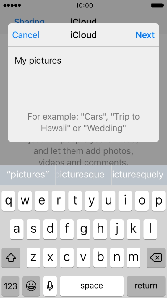 Press Next and key in the first letters of the contact you want to share the album with. Press Next and key in the first letters of the contact you want to share the album with.