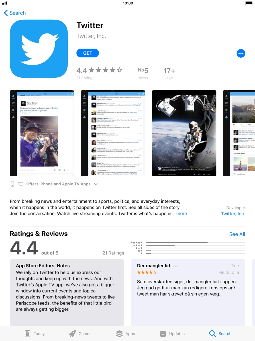 Press GET and follow the instructions on the screen to install Twitter.