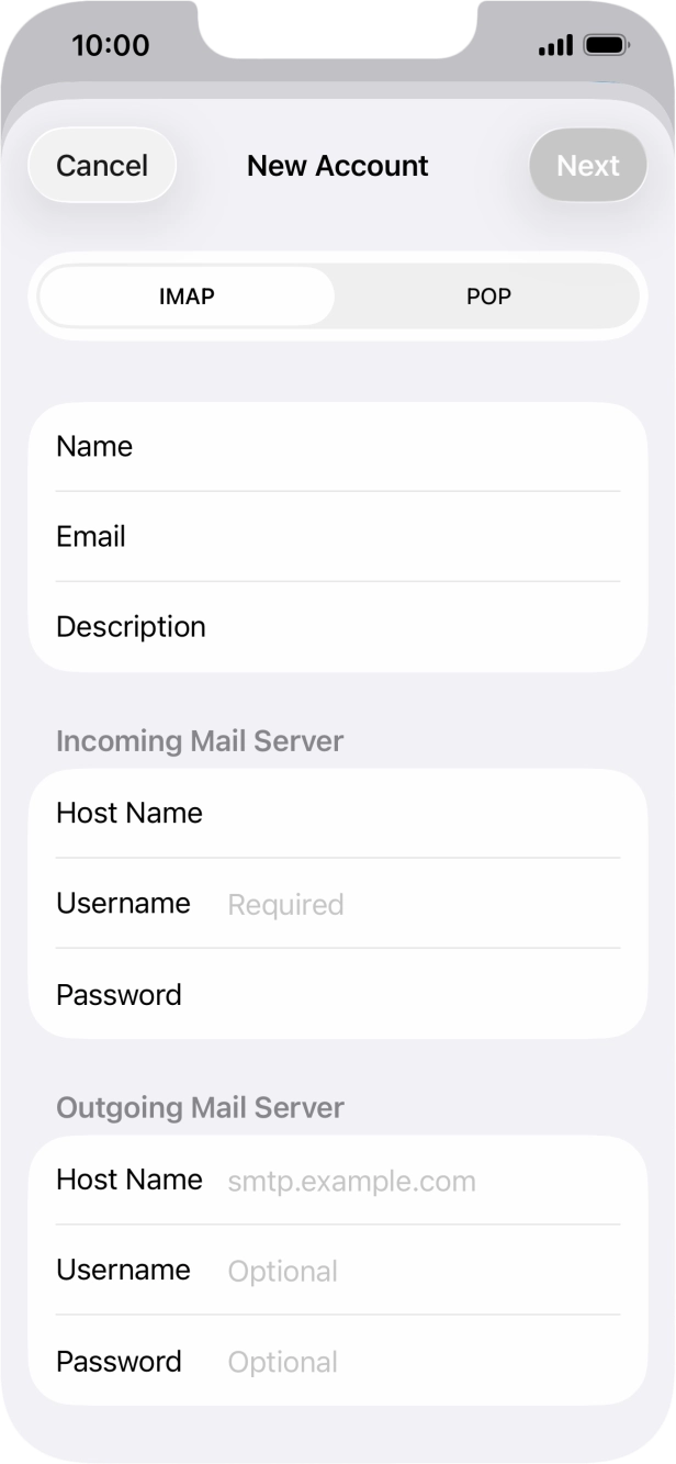 Press Username and key in the username for your email account.