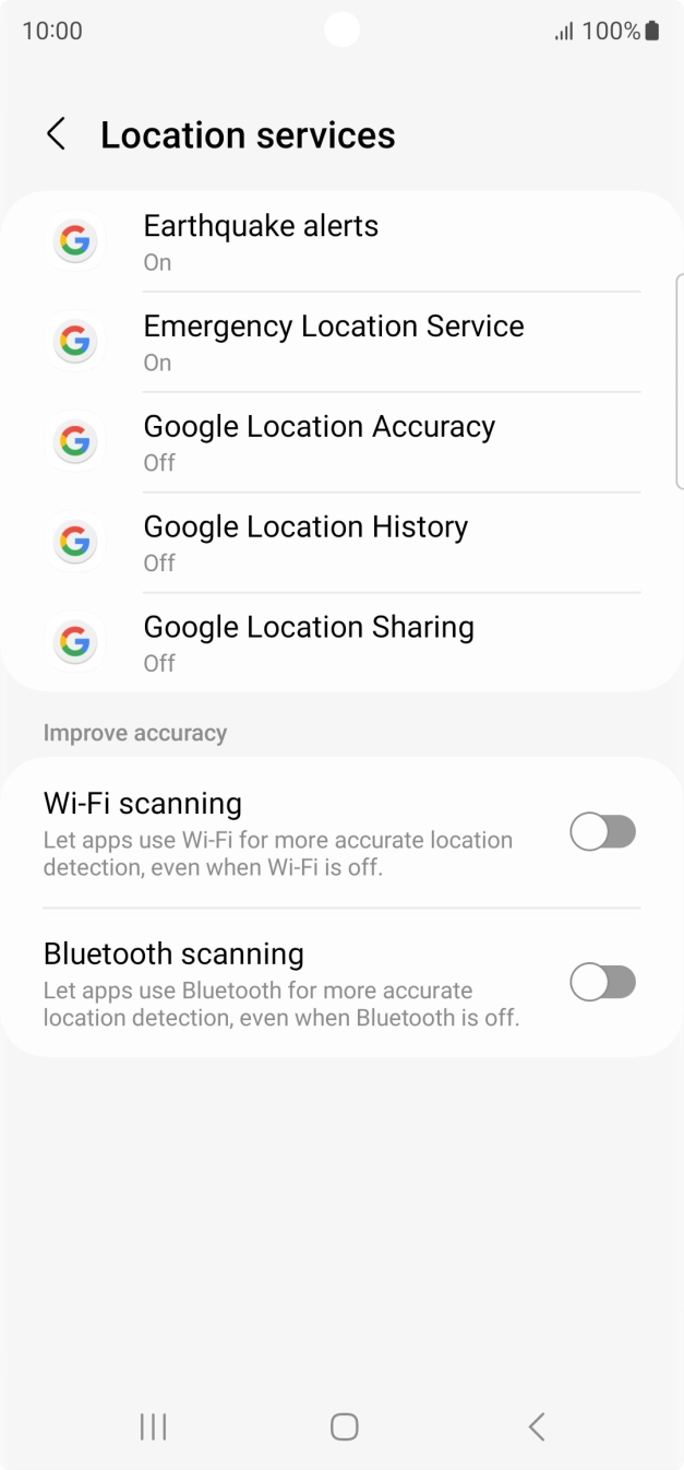 Press Google Location Accuracy. Press Google Location Accuracy.