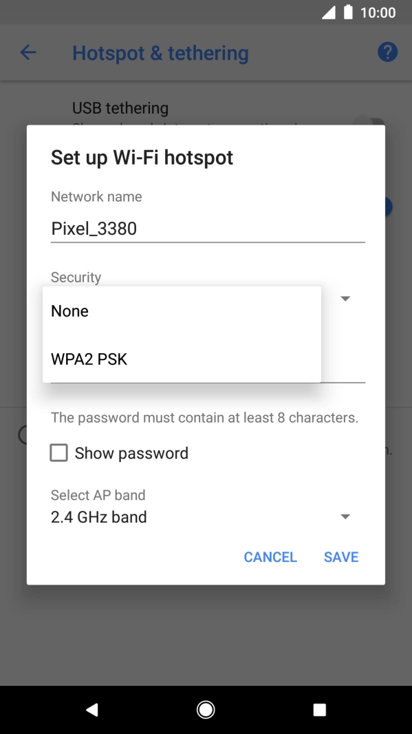Press WPA2 PSK to password protect your Wi-Fi hotspot. Press WPA2 PSK to password protect your Wi-Fi hotspot.