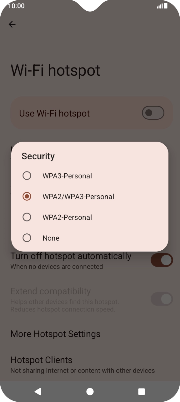 Press WPA3-Personal to password protect your Wi-Fi hotspot. Press WPA3-Personal to password protect your Wi-Fi hotspot.