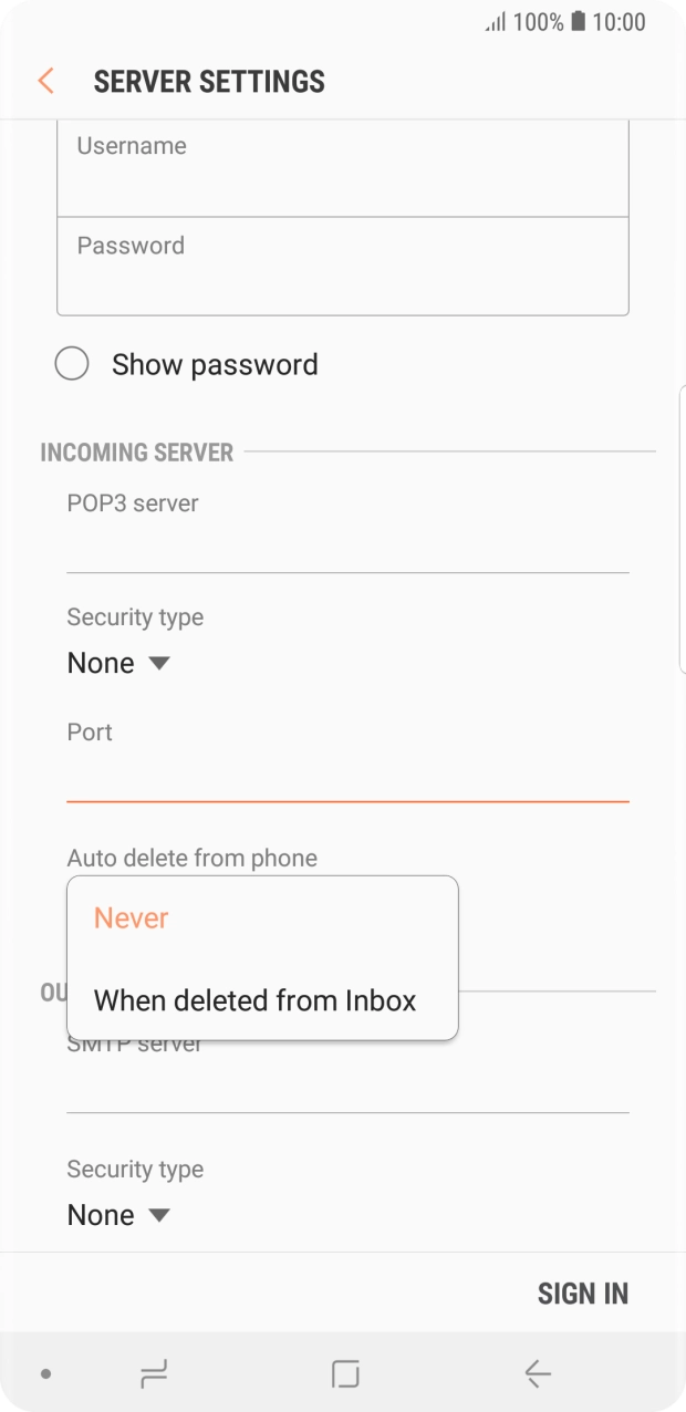 Press Never to keep email on the server when you delete them on your phone. Press Never to keep email on the server when you delete them on your phone.