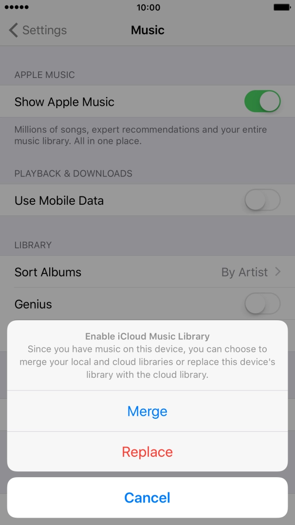 Press Merge to merge the music library on your phone with the iCloud Music Library. Press Merge to merge the music library on your phone with the iCloud Music Library.