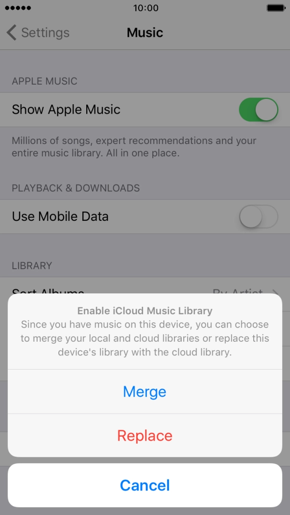 Press Merge to merge the music library on your phone with the iCloud Music Library. Press Merge to merge the music library on your phone with the iCloud Music Library.