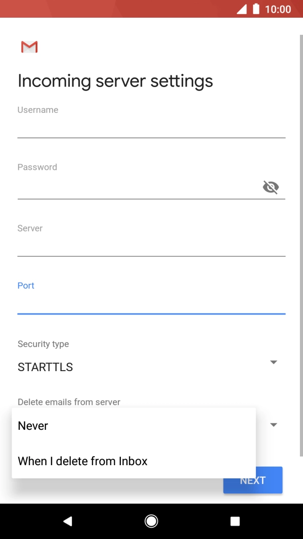 Press Never to keep email on the server when you delete them on your phone. Press Never to keep email on the server when you delete them on your phone.