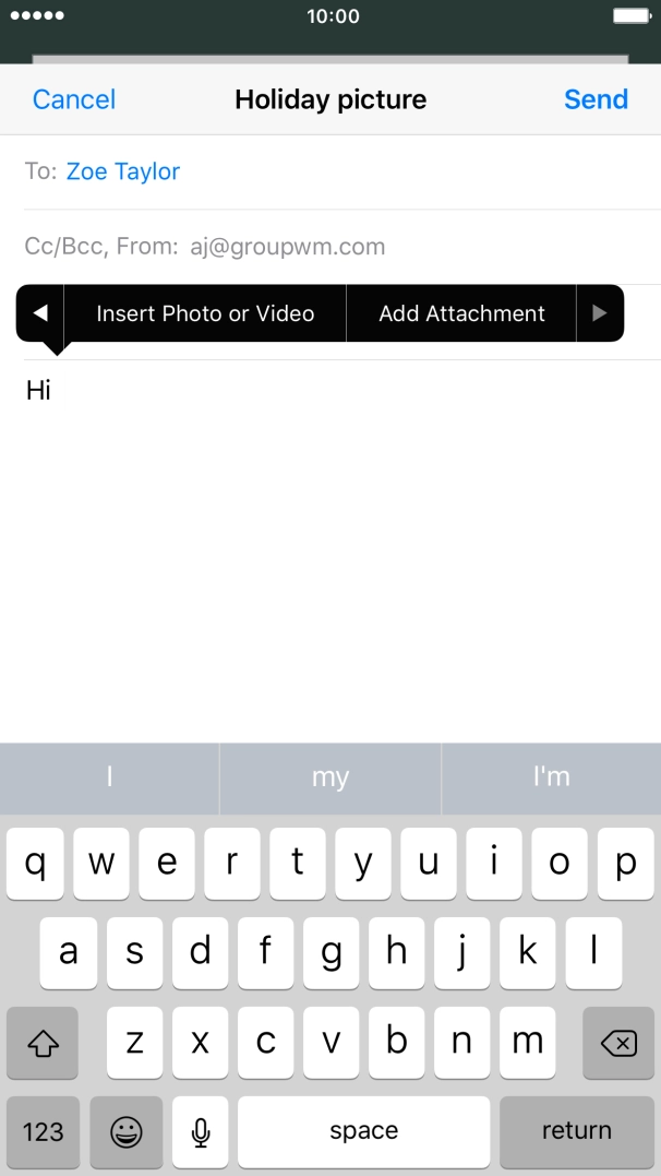 Press Insert Photo or Video and follow the instructions on the screen to attach a picture or a video clip. Press Insert Photo or Video and follow the instructions on the screen to attach a picture or a video clip.
