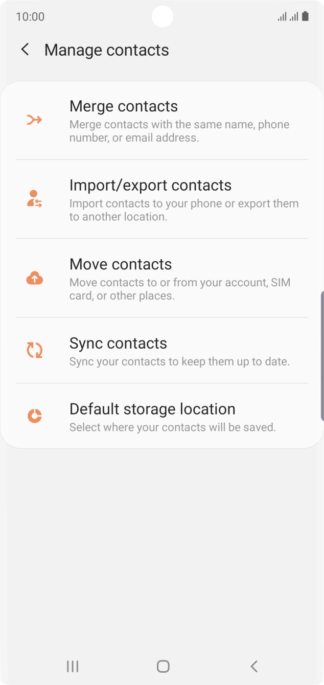 Press Import/export contacts. Press Import/export contacts.