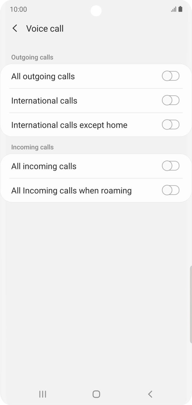Press the indicator next to the required barring type to turn the function on or off. Press the indicator next to the required barring type to turn the function on or off.