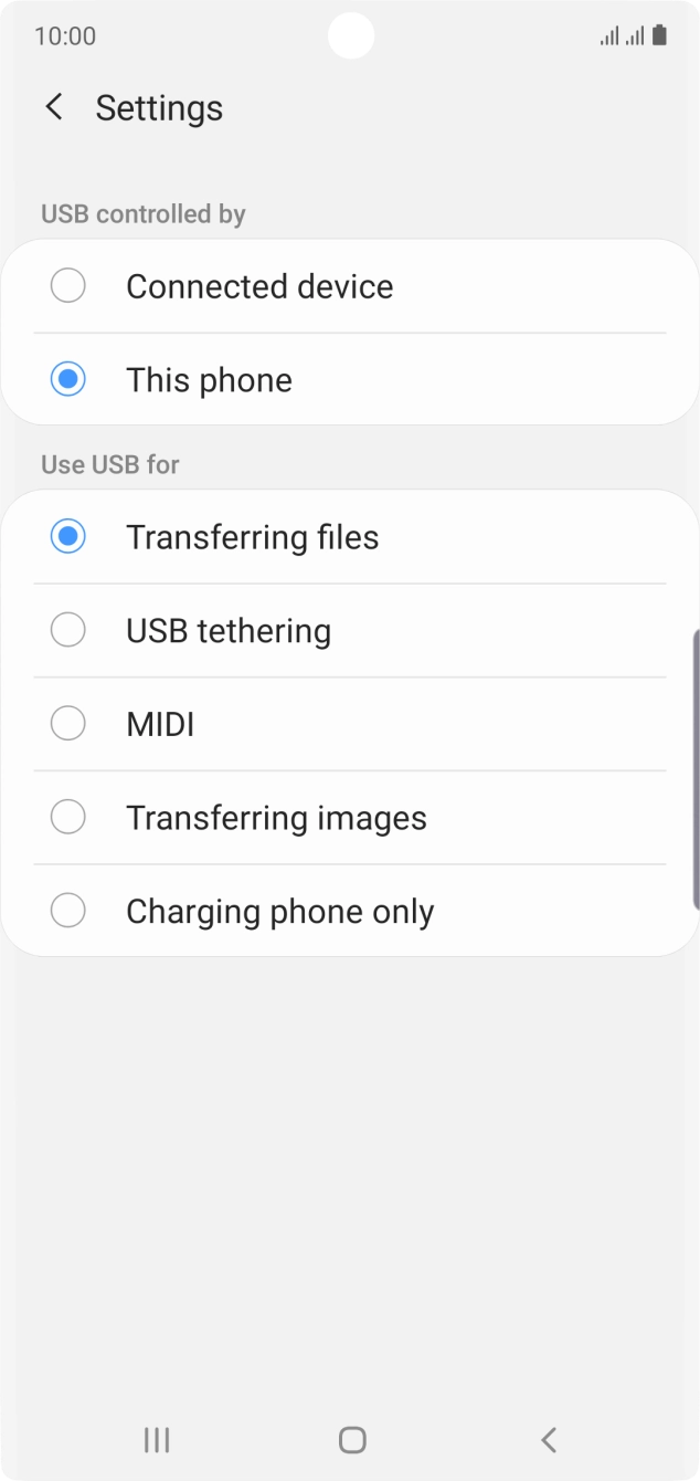 Press Transferring files to turn on the function. Press Transferring files to turn on the function.