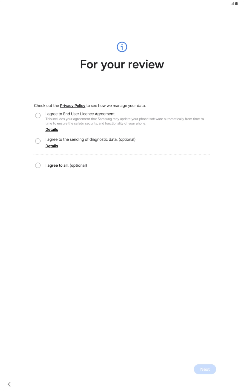 Press the fields next to the required settings to select them. Press the fields next to the required settings to select them.