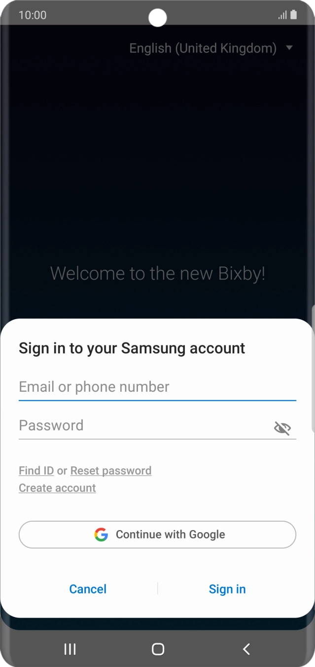 If you don't have a Samsung account, press Create account and follow the instructions on the screen to create an account. If you don't have a Samsung account, press Create account and follow the instructions on the screen to create an account.