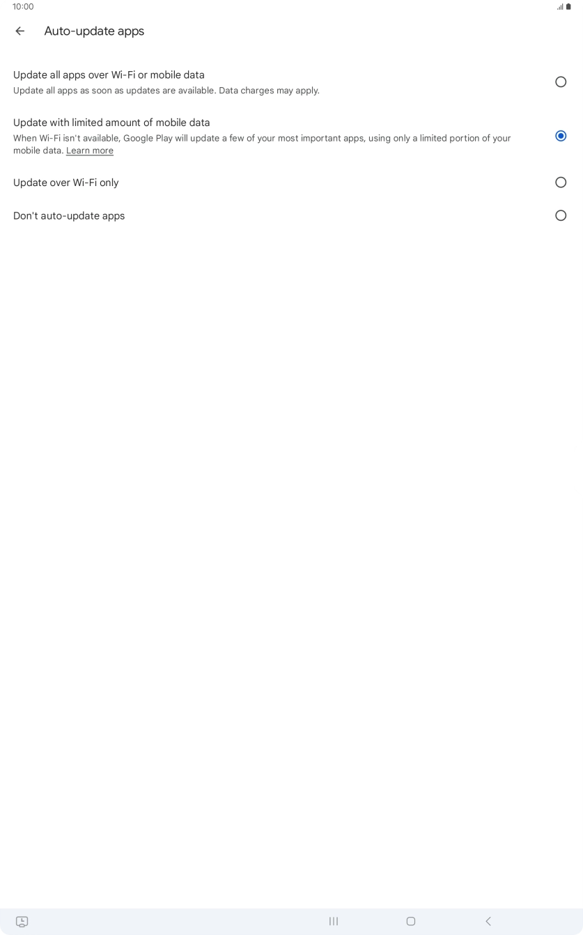 To turn on automatic update of apps using mobile network, press Update all apps over Wi-Fi or mobile data. To turn on automatic update of apps using mobile network, press Update all apps over Wi-Fi or mobile data.