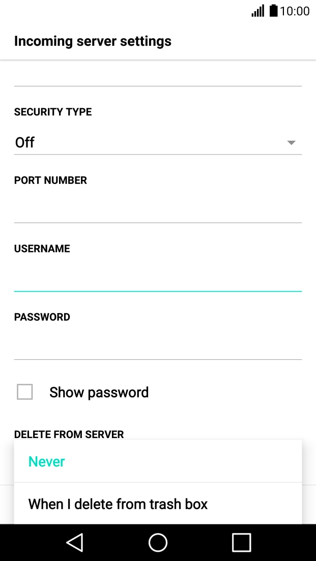 Press Never to keep email on the server when you delete them on your phone. Press Never to keep email on the server when you delete them on your phone.