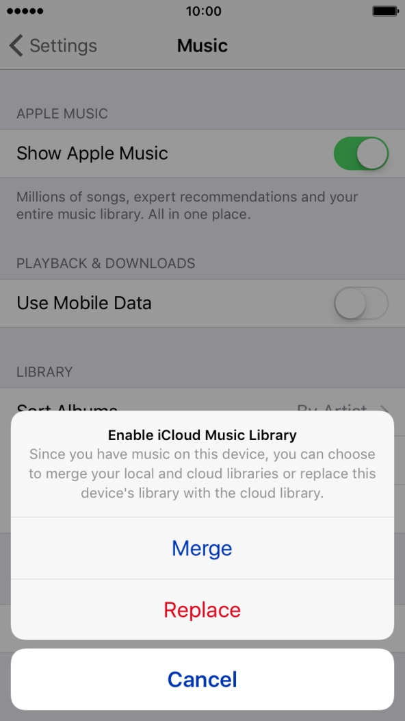 Press Merge to merge the music library on your phone with the iCloud Music Library. Press Merge to merge the music library on your phone with the iCloud Music Library.