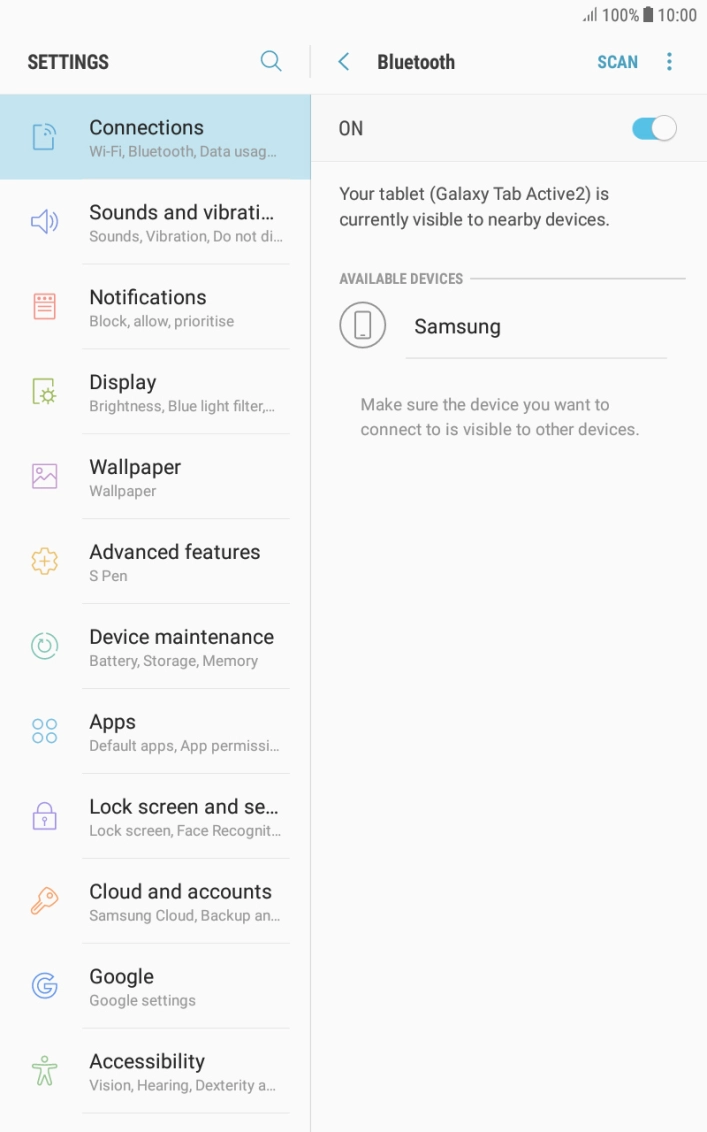 Press the required Bluetooth device and follow the instructions on the screen to pair the device with your tablet.