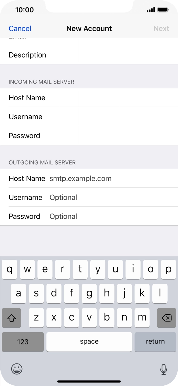 Press Host Name and key in the name of your email provider's outgoing server. Press Host Name and key in the name of your email provider's outgoing server.