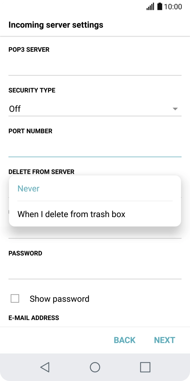 Press Never to keep email on the server when you delete them on your phone. Press Never to keep email on the server when you delete them on your phone.
