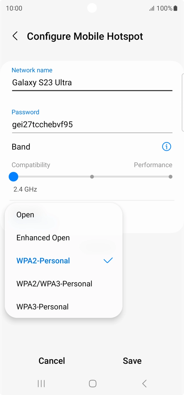 Press WPA3-Personal to password protect your Wi-Fi hotspot. Press WPA3-Personal to password protect your Wi-Fi hotspot.