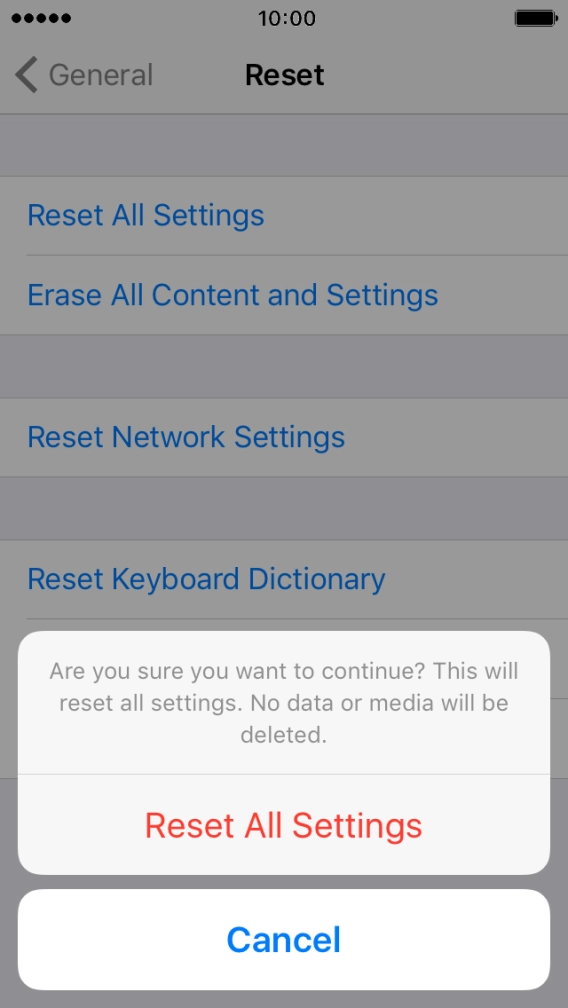 Press Reset All Settings. Wait a moment while the factory default settings are restored.
Follow the instructions on the screen to set up your phone and prepare it for use. Press Reset All Settings. Wait a moment while the factory default settings are restored.
Follow the instructions on the screen to set up your phone and prepare it for use.