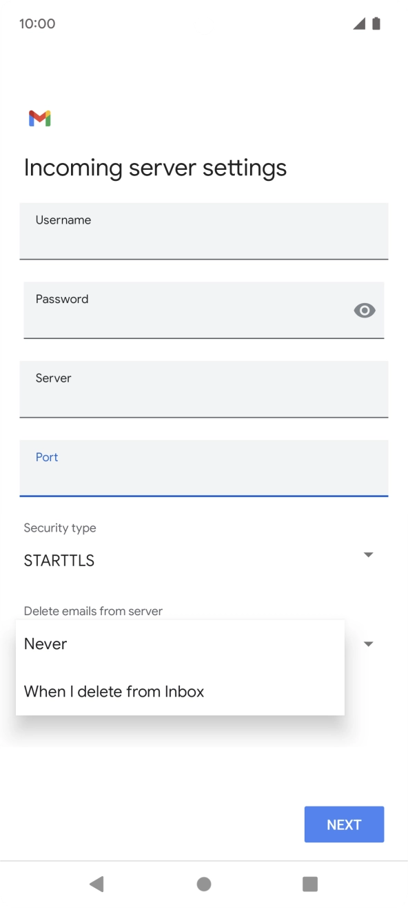 Press Never to keep email on the server when you delete them on your phone. Press Never to keep email on the server when you delete them on your phone.