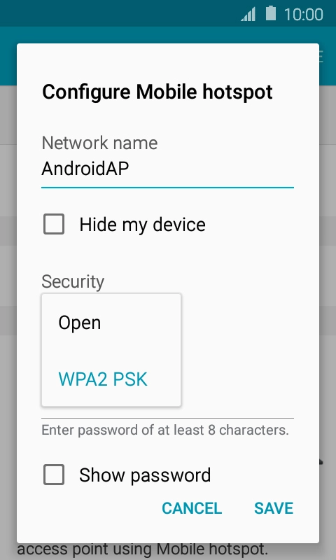 Press WPA2 PSK to password protect your Wi-Fi hotspot. Press WPA2 PSK to password protect your Wi-Fi hotspot.