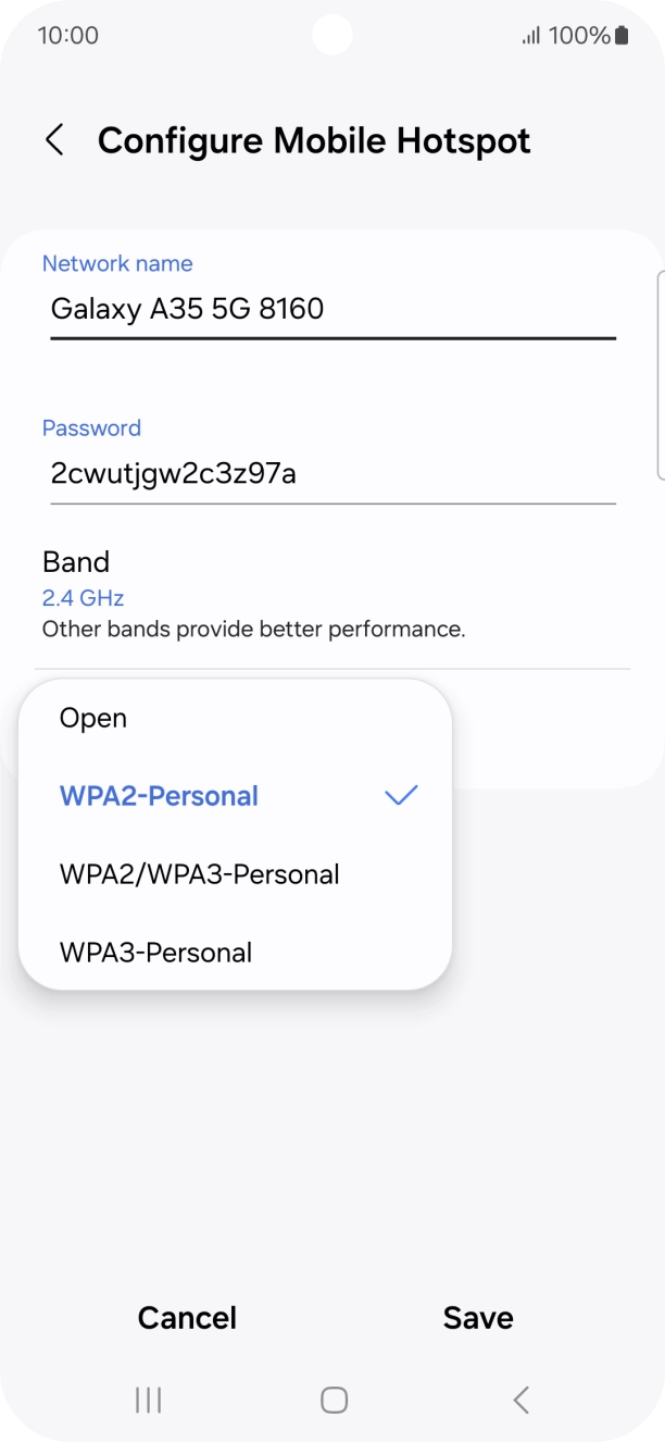 Press WPA3-Personal to password protect your Wi-Fi hotspot. Press WPA3-Personal to password protect your Wi-Fi hotspot.