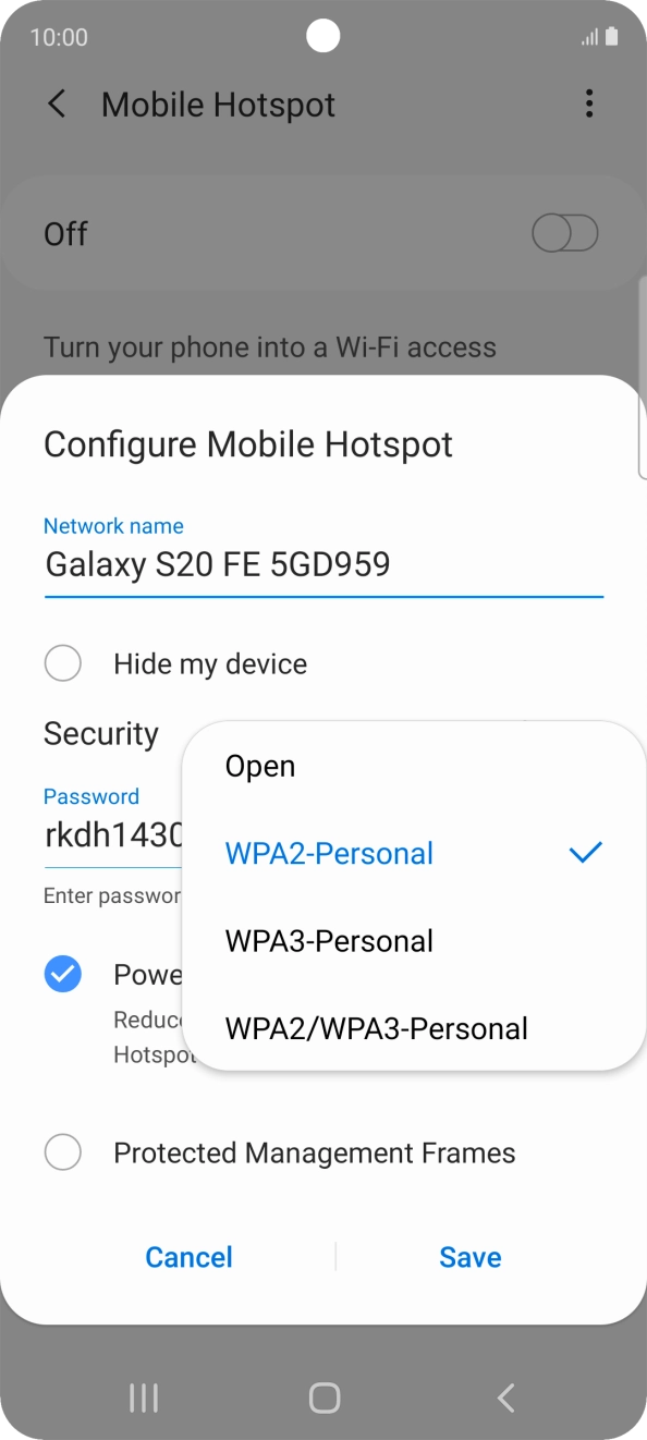 Press WPA2-Personal to password protect your Wi-Fi hotspot. Press WPA2-Personal to password protect your Wi-Fi hotspot.