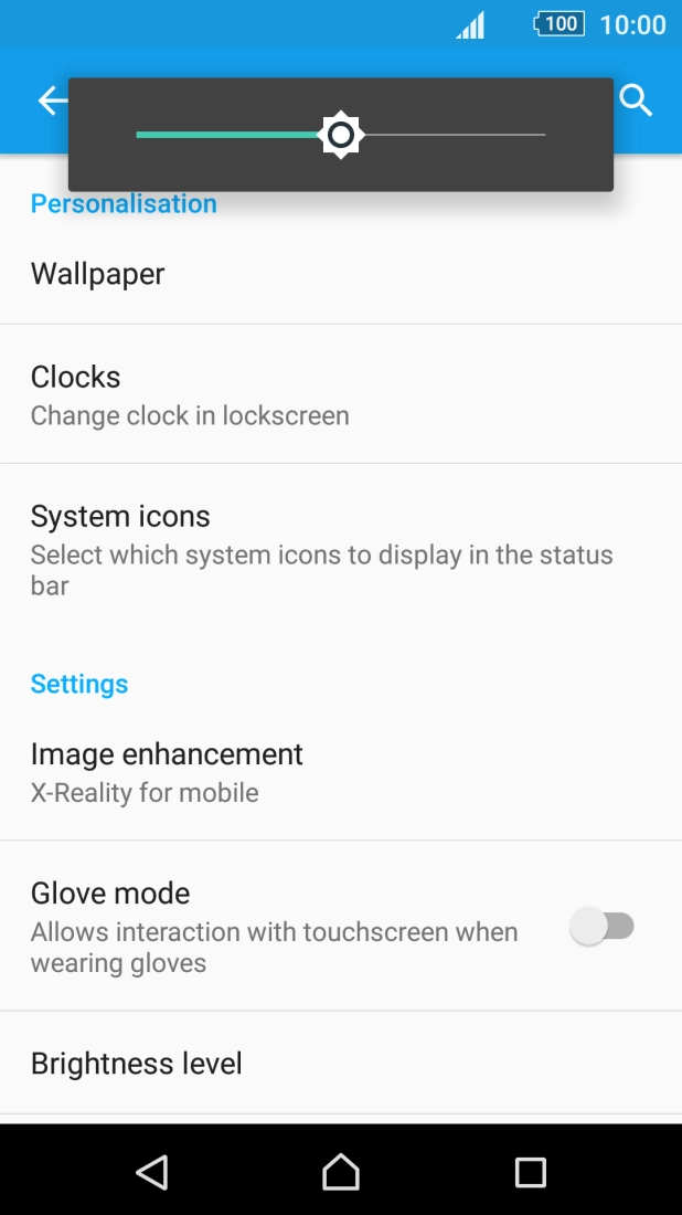 Drag the brightness indicator right or left to select the brightness level. Drag the brightness indicator right or left to select the brightness level.