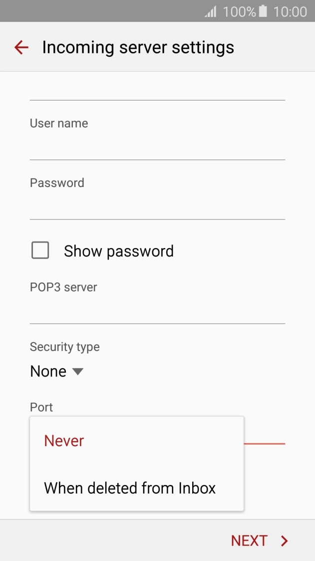 Press Never to keep email on the server when you delete them on your phone. Press Never to keep email on the server when you delete them on your phone.