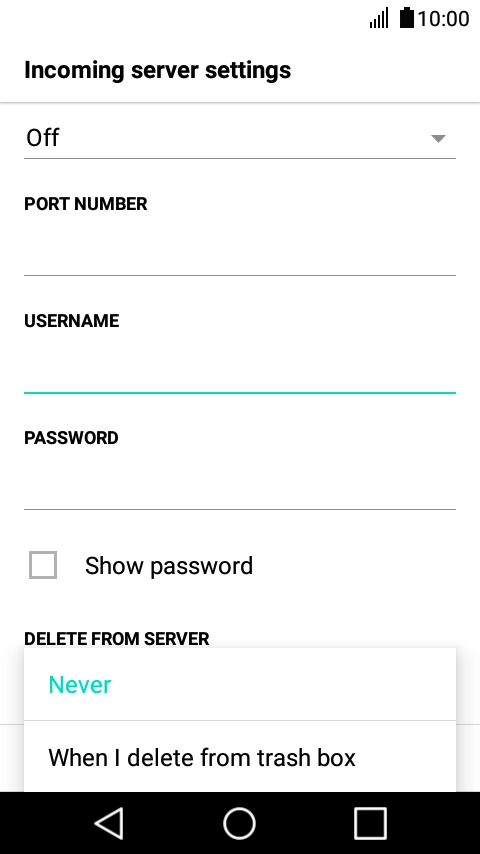 Press Never to keep email on the server when you delete them on your phone. Press Never to keep email on the server when you delete them on your phone.