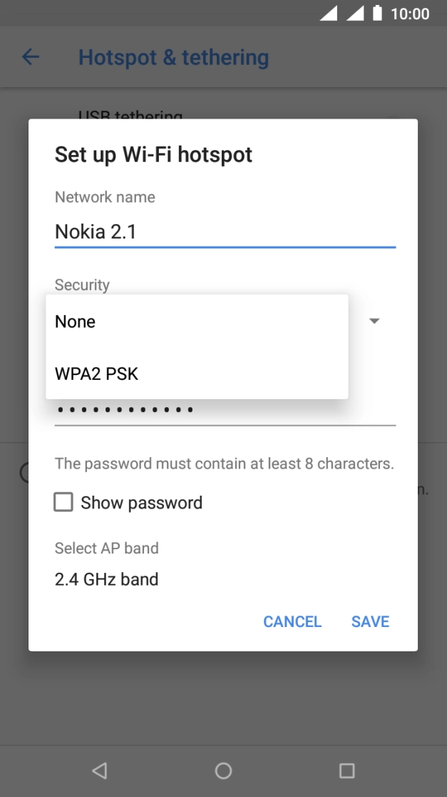 Press WPA2 PSK to password protect your Wi-Fi hotspot. Press WPA2 PSK to password protect your Wi-Fi hotspot.