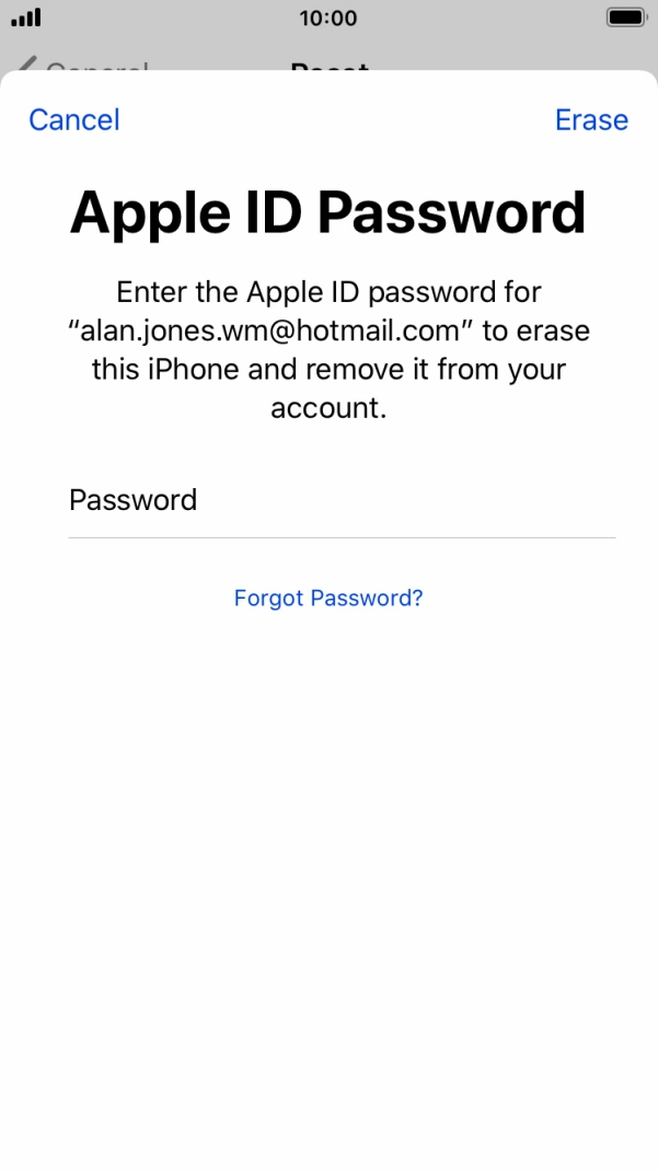 Key in the password for your Apple ID and press Erase. Wait a moment while the factory default settings are restored. Follow the instructions on the screen to set up your phone and prepare it for use. Key in the password for your Apple ID and press Erase. Wait a moment while the factory default settings are restored. Follow the instructions on the screen to set up your phone and prepare it for use.