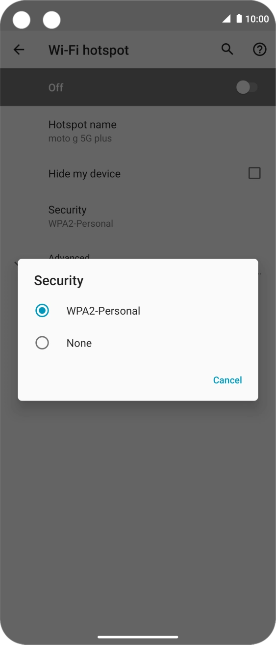 Press WPA2-Personal to password protect your Wi-Fi hotspot. Press WPA2-Personal to password protect your Wi-Fi hotspot.