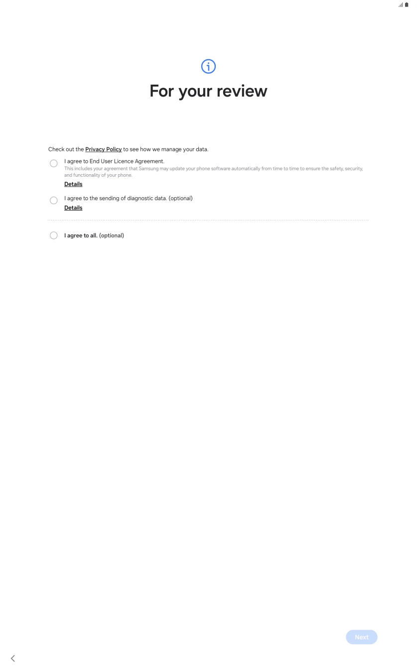 Press the fields next to the required settings to select them. Press the fields next to the required settings to select them.