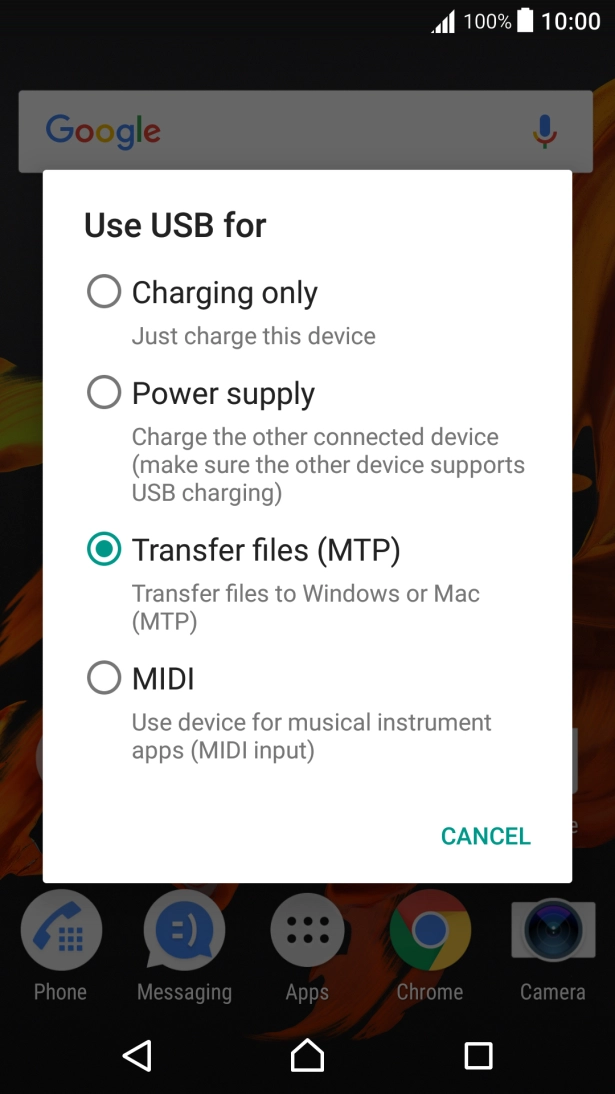 Press Transfer files (MTP). Press Transfer files (MTP).