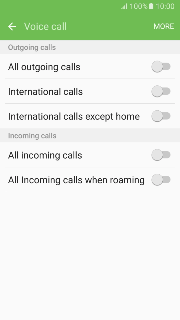 Press the indicator next to the required barring type to turn the function on or off. Press the indicator next to the required barring type to turn the function on or off.