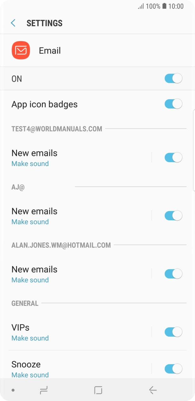 Press the indicator next to the required email account to turn the function on or off. Press the indicator next to the required email account to turn the function on or off.