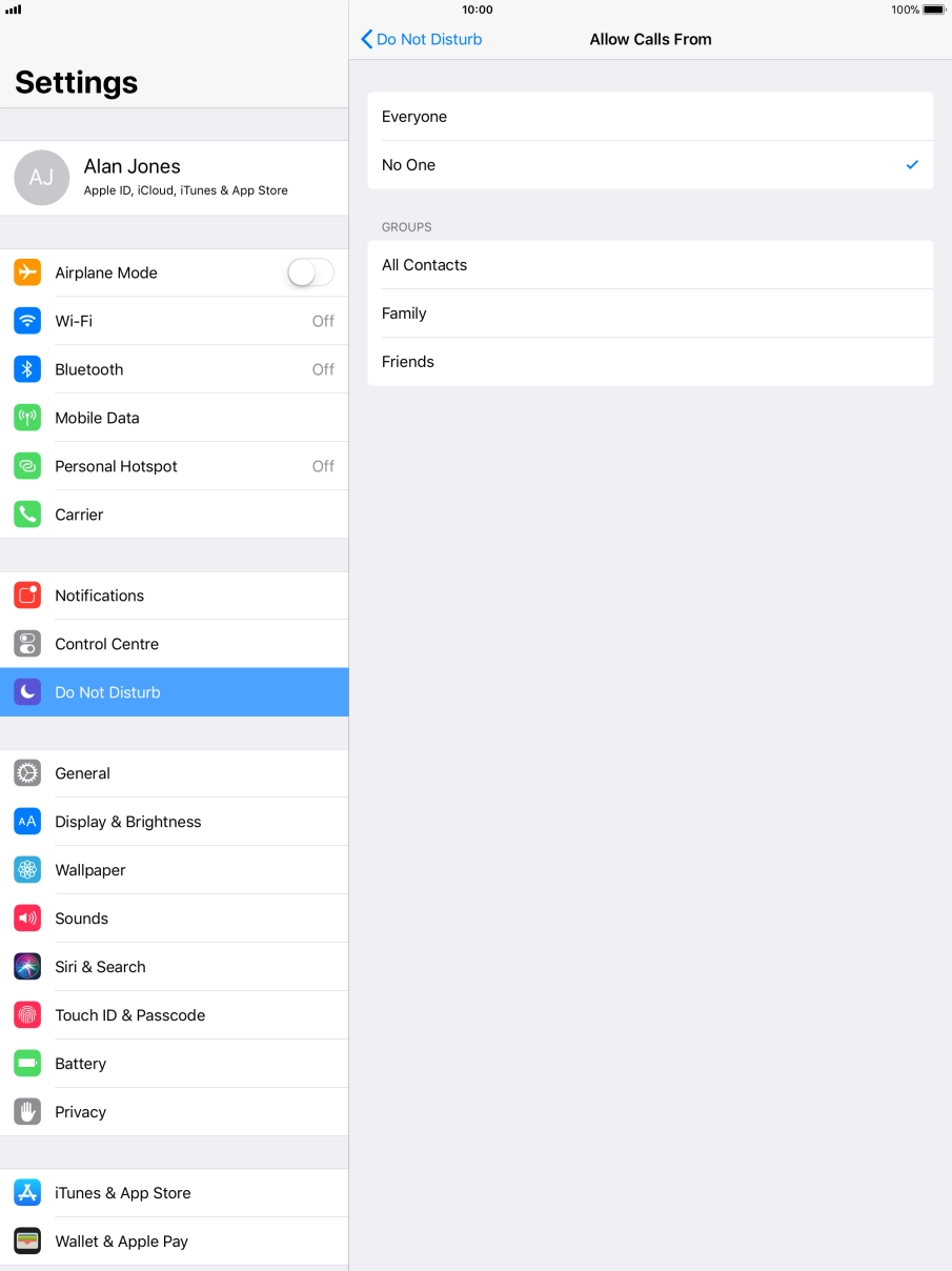 Press the required setting to select which contacts can call you even though Do Not Disturb is turned on. Press the required setting to select which contacts can call you even though Do Not Disturb is turned on.