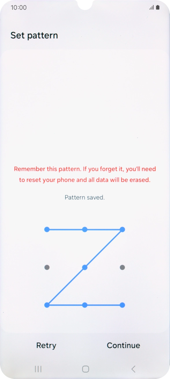 Slide your finger across the screen to connect at least four points and press Continue. Slide your finger across the screen to connect at least four points and press Continue.