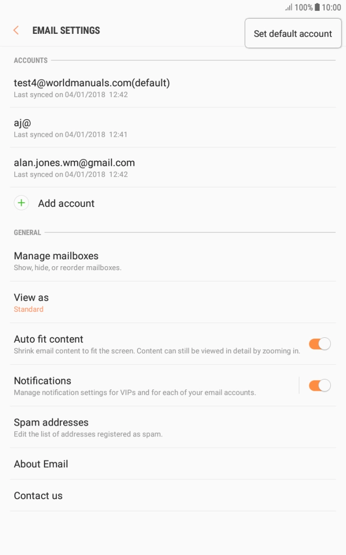 Press Set default account. Press Set default account.