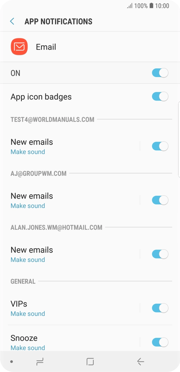 Press the indicator next to the required email account to turn the function on or off. Press the indicator next to the required email account to turn the function on or off.