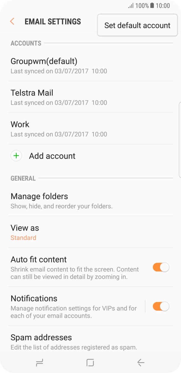Press Set default account. Press Set default account.