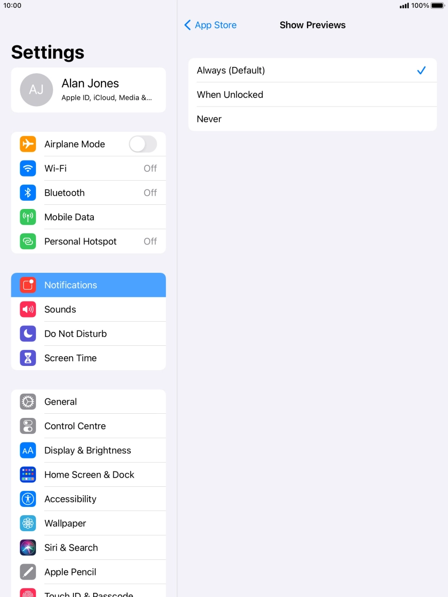 Press the required setting.