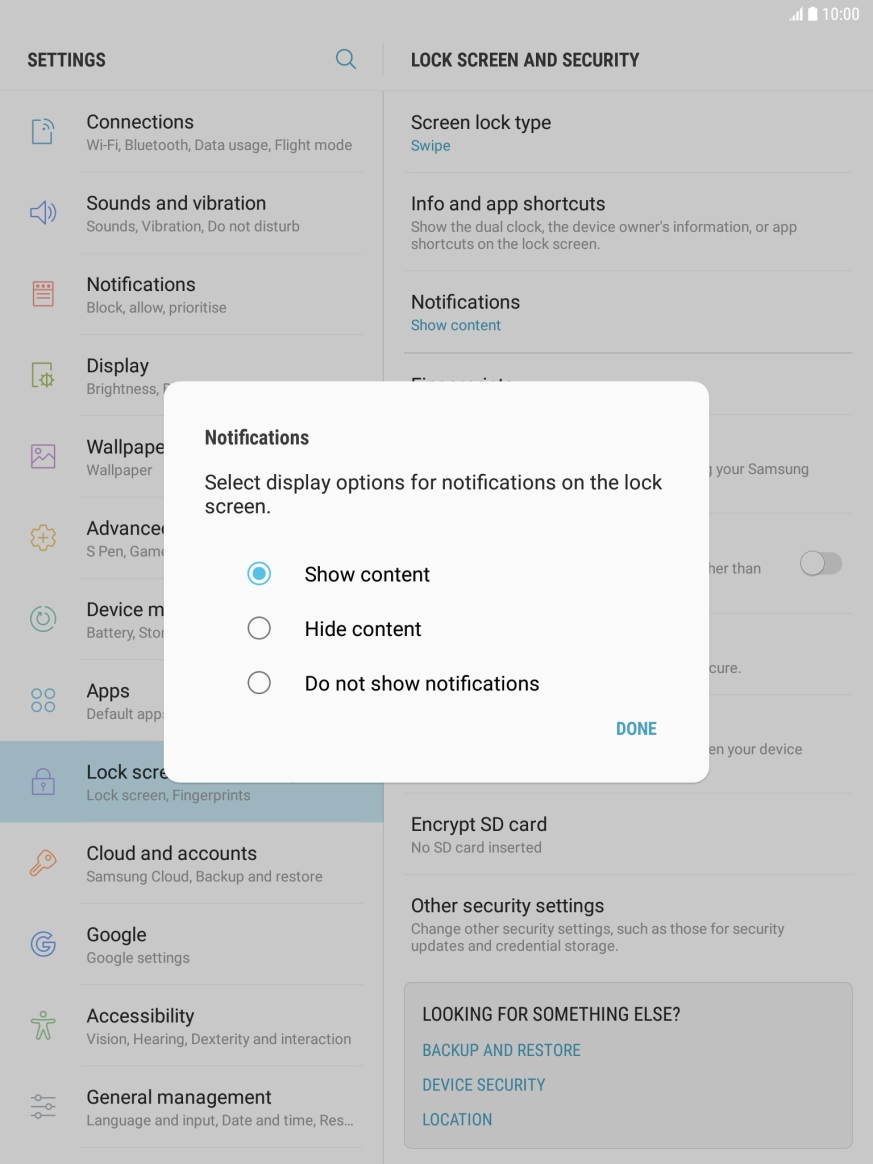 Press the required setting.