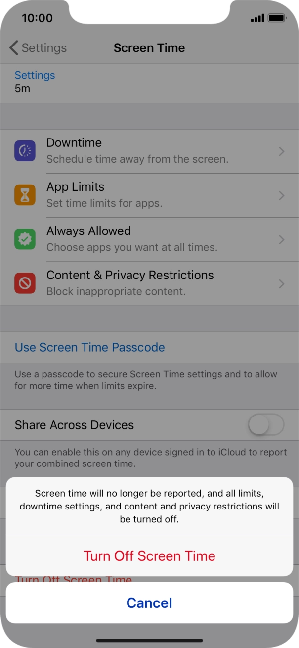 Press Turn Off Screen Time. Press Turn Off Screen Time.
