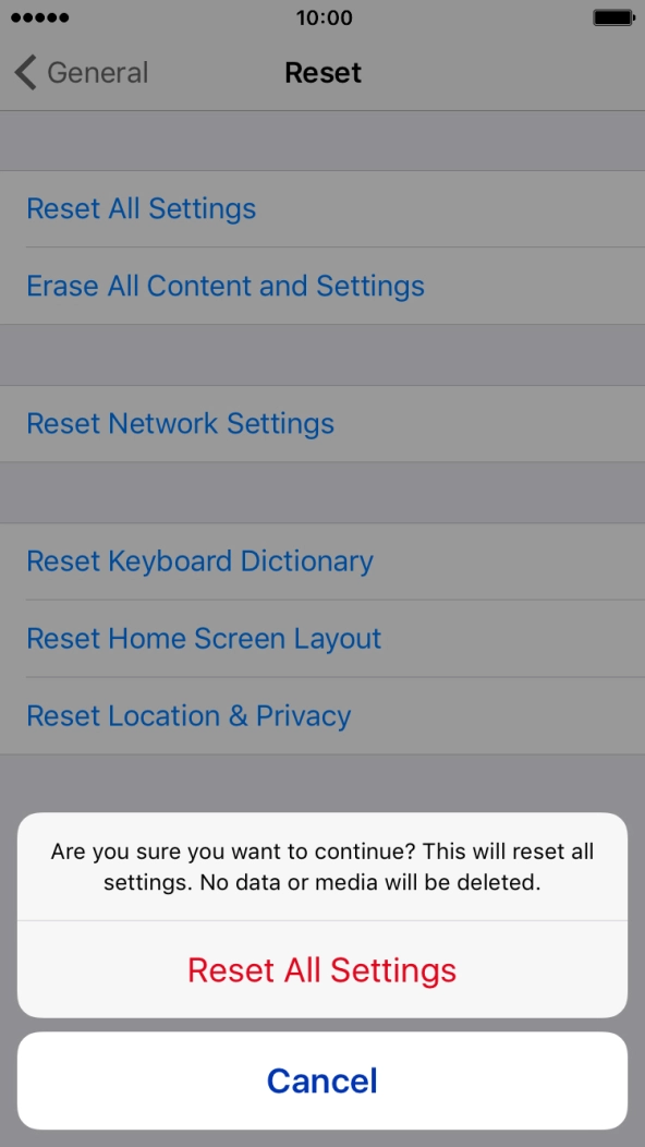 Press Reset All Settings. Wait a moment while the factory default settings are restored.
Follow the instructions on the screen to set up your phone and prepare it for use. Press Reset All Settings. Wait a moment while the factory default settings are restored.
Follow the instructions on the screen to set up your phone and prepare it for use.